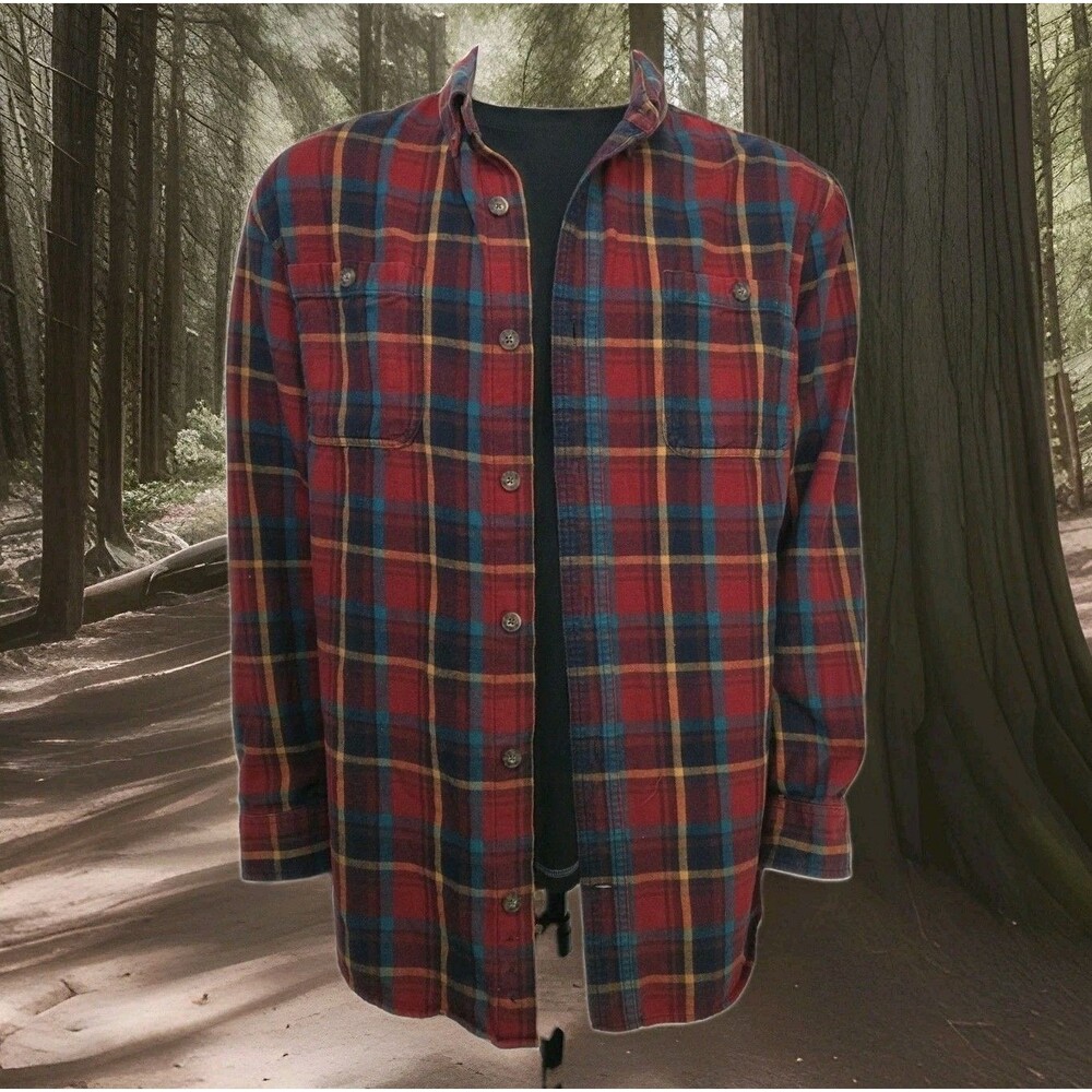 Duluth Flannel Shirt Men's L Relaxed Mid-Heavy Wt Red/Multi Plaid Button Down